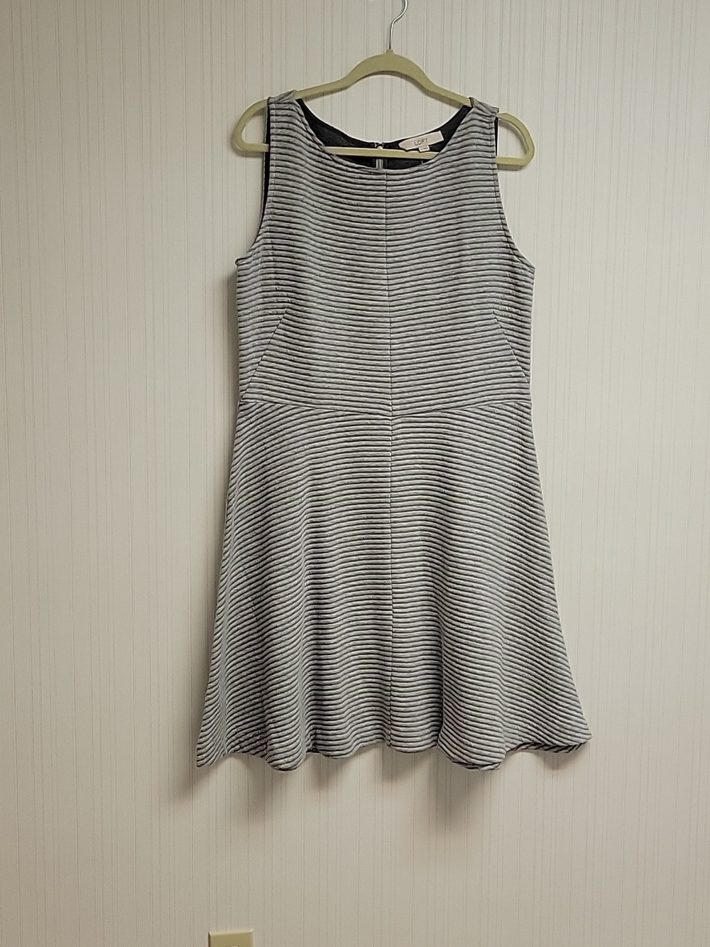 LOFT Grey Striped Fit & Flare Dress Sz 14 Business Office Casual New church